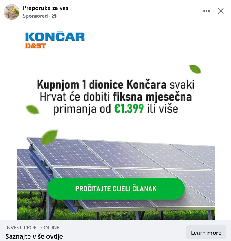 screenshot lažne obavijesti na Facebooku